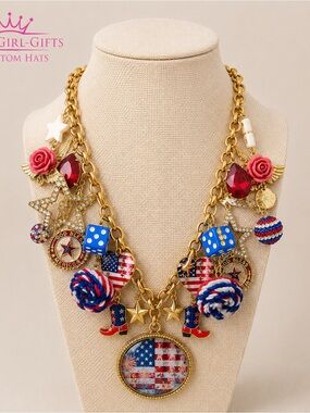 Gypsy South Patriotic Charm Statement Necklace | Red White Blue USA boots guitar